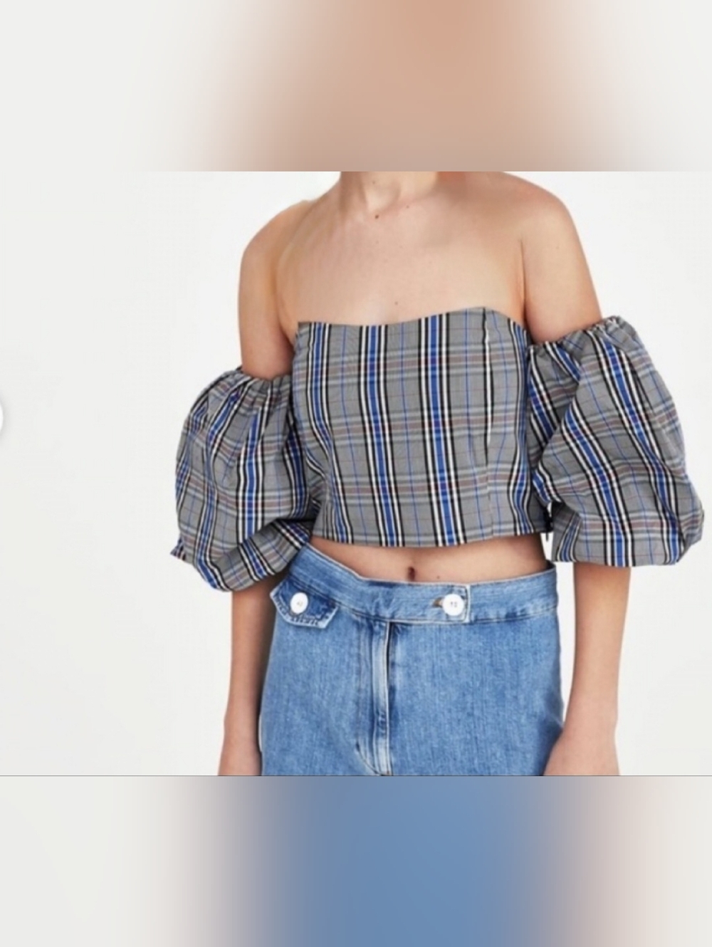 Zara Plaid Off-Shoulder Crop Top in Gray and Blue